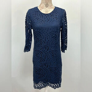 TACERA Navy blue lace 3/4 sleeve shift dress size S
